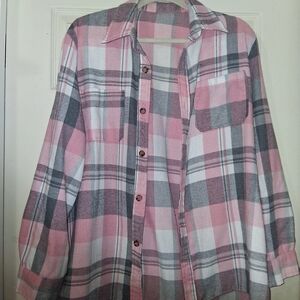 Pink and Gray Plaid Button-Up Shirt